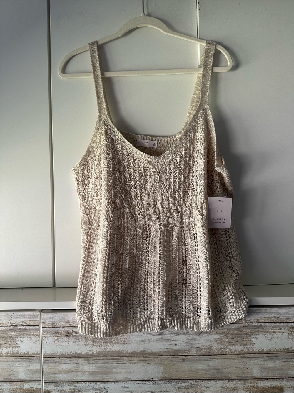 🧶 Lauren Conrad Open Knit Tank Top XL Cream NWT Boho Crochet Style